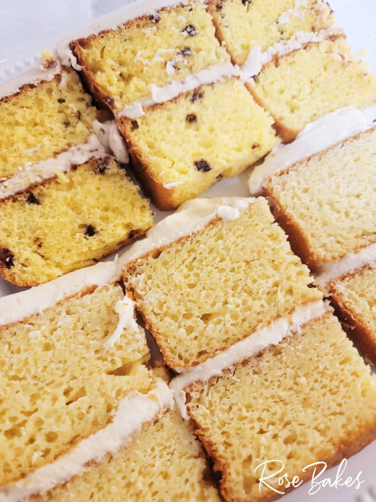 slices of vanilla wedding cake and chocolate chip cake