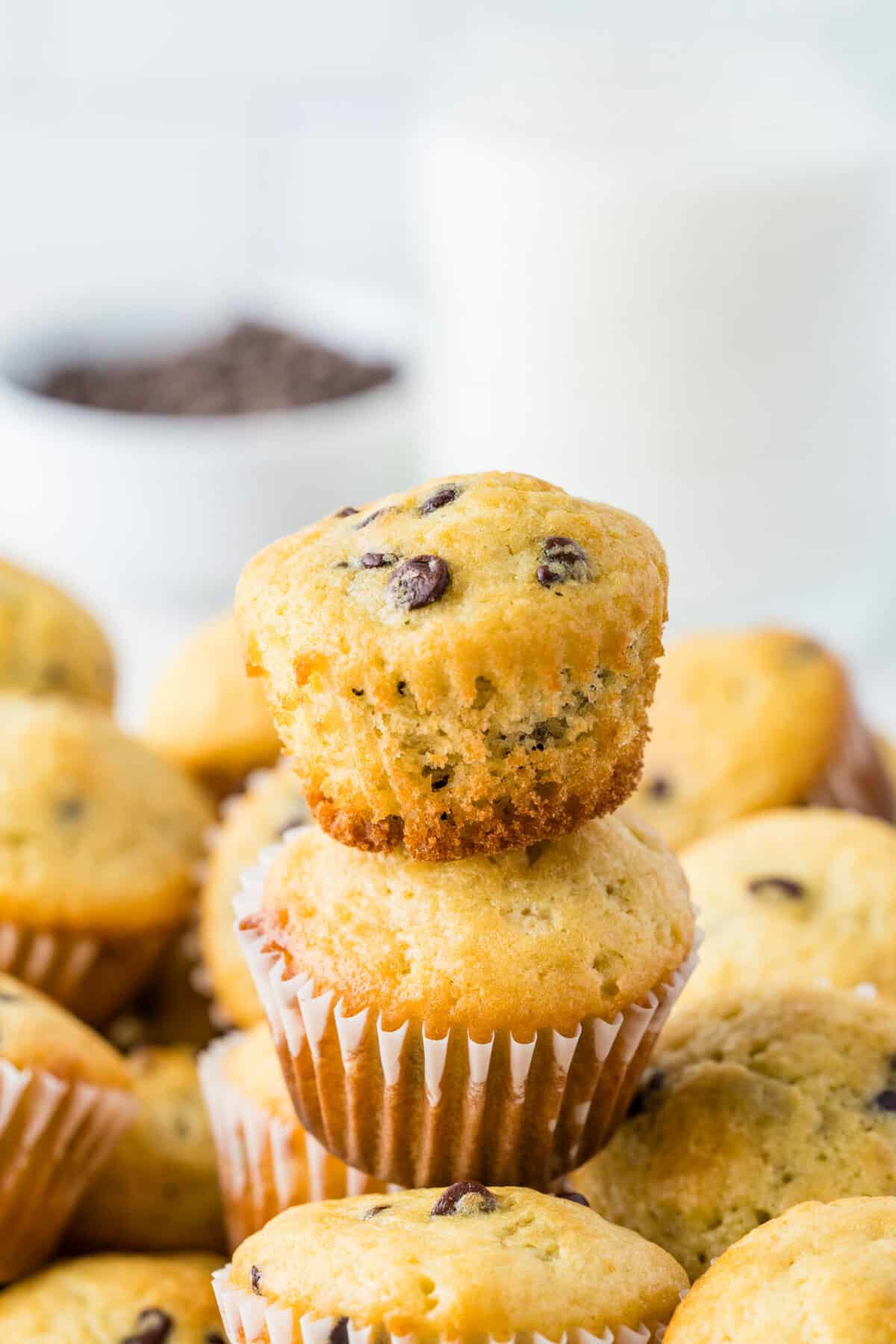 stacks of mini chocolate chip muffins