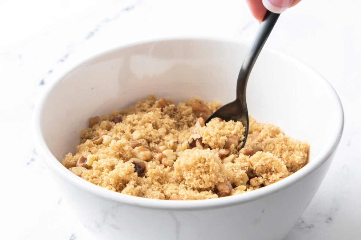 brown sugar and walnuts mixture stirred in a small bowl