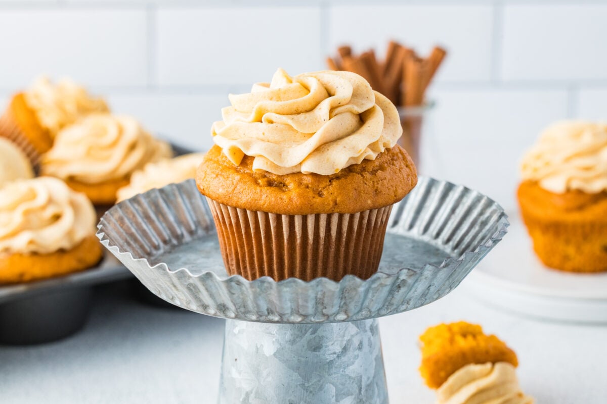 pumpkin spice cupcake on a stand