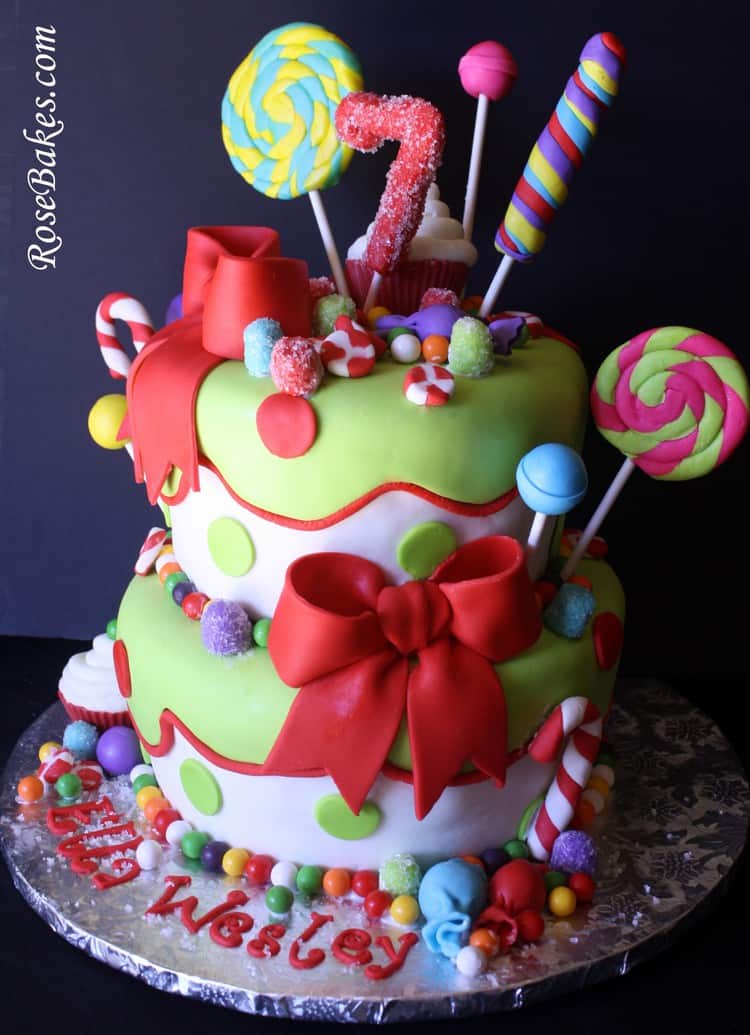 2 tiered Red and Green Holly Jolly Christmas Candy Cake
