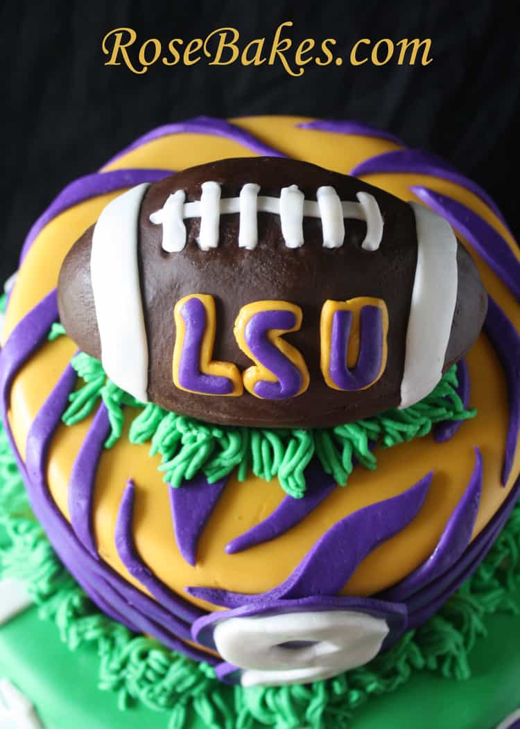 Single tiered LSU cake with football on top