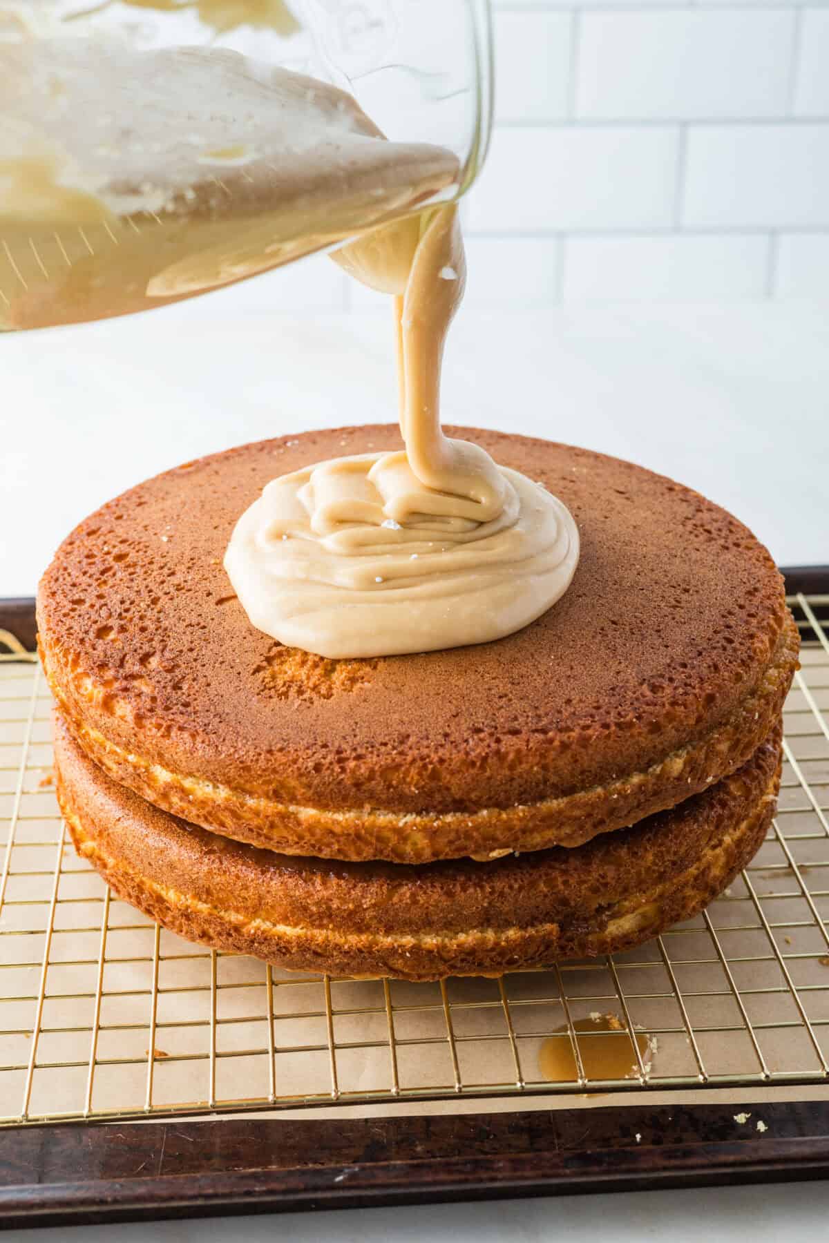 stacked cake layers with caramel filling