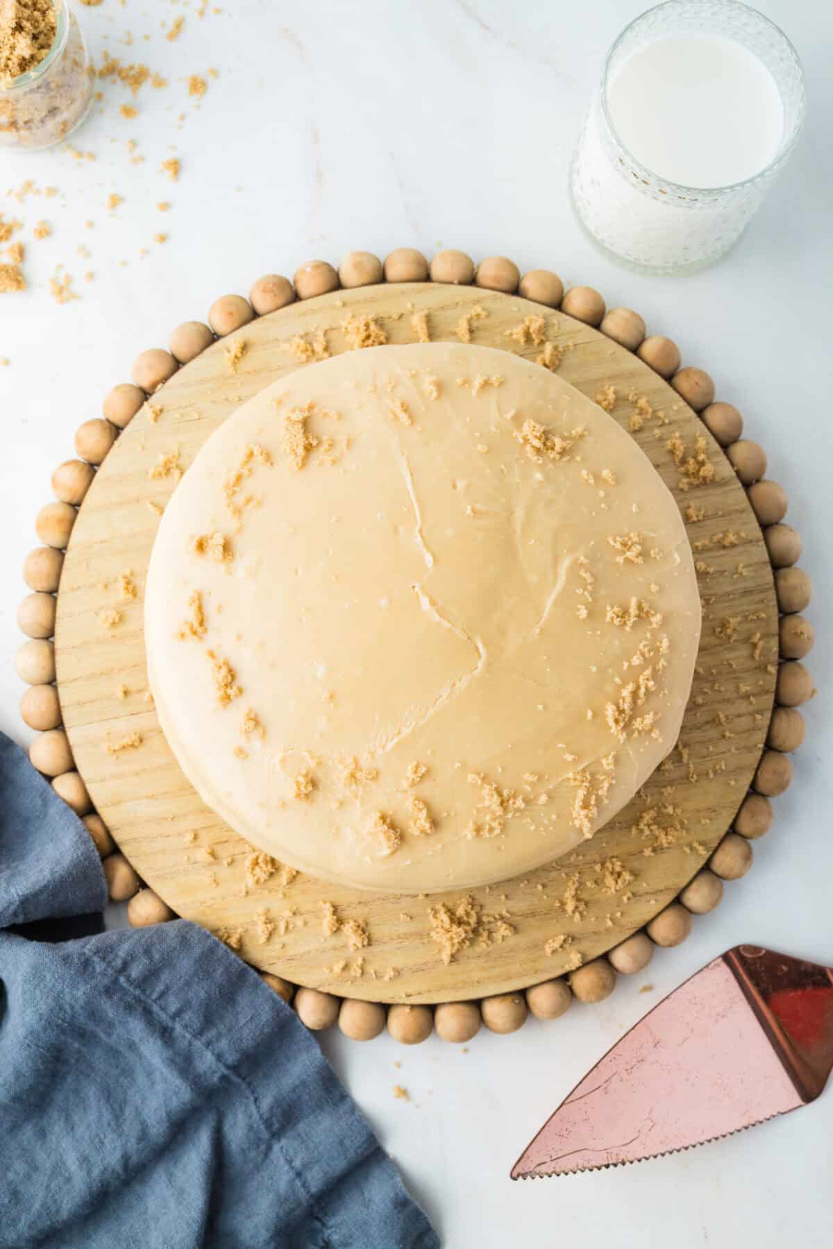 finished southern caramel cake with brown sugar on top