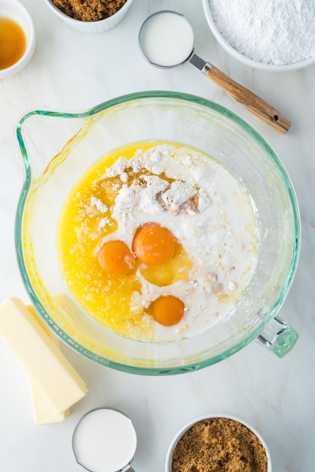 caramel cake ingredients in a mixing bowl