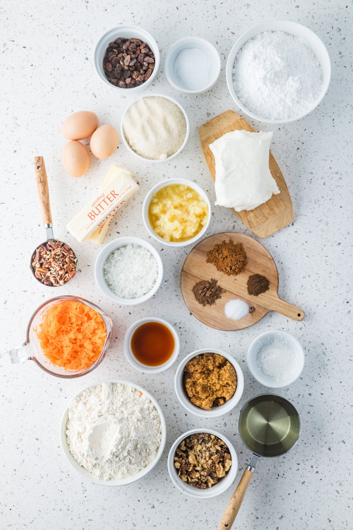 ingredients for carrot cake with cream cheese frosting