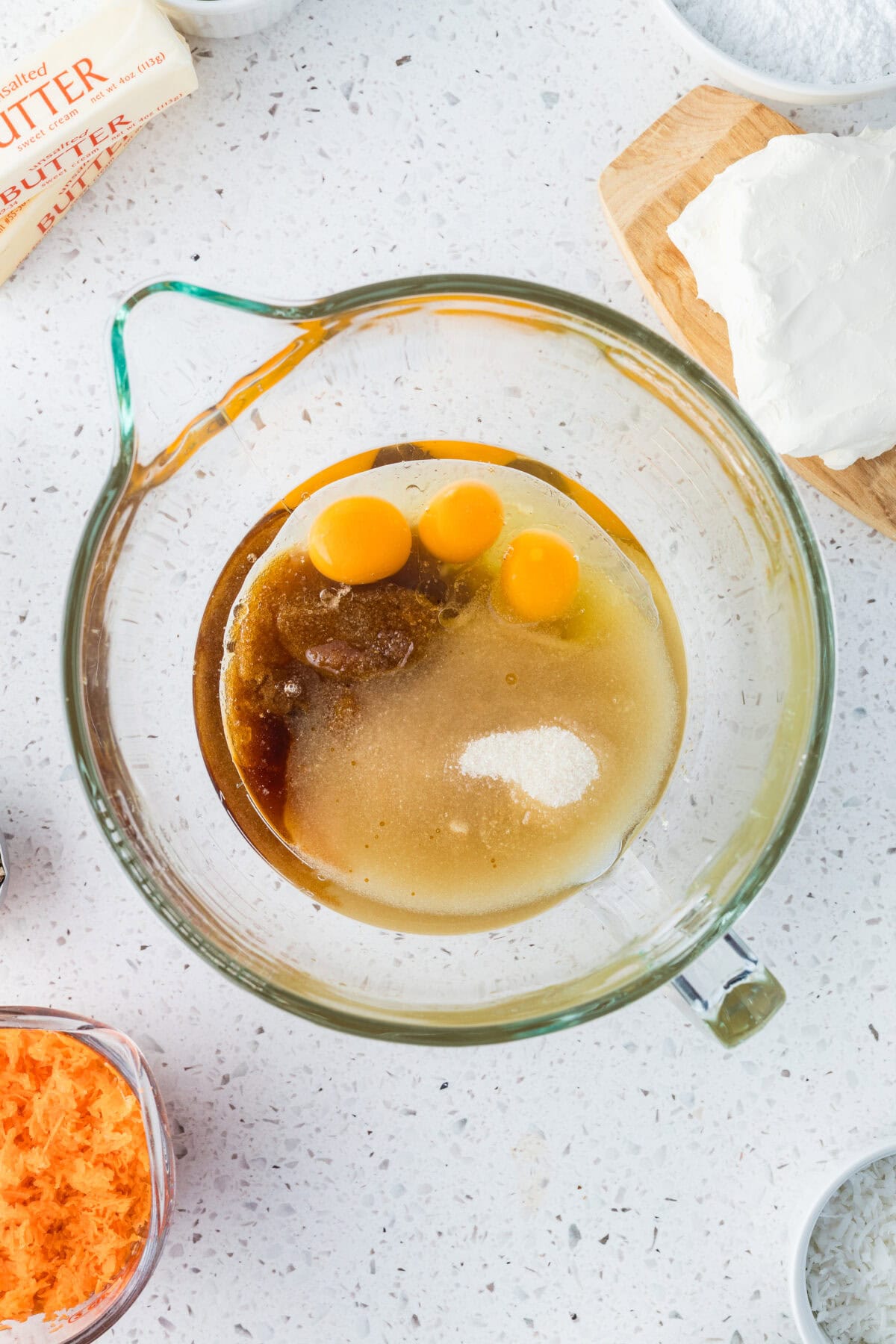 wet ingredients in a mixing bowl