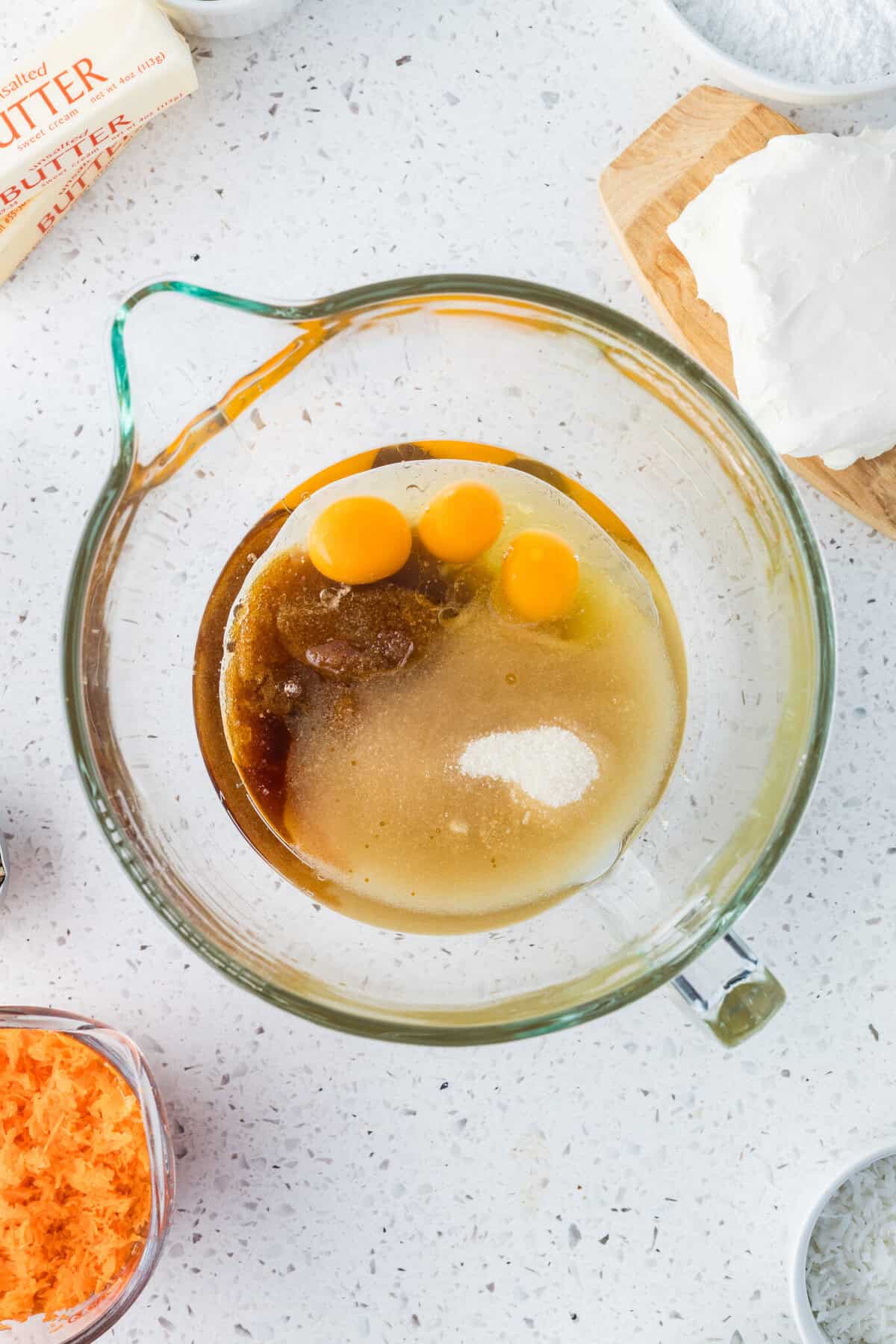 wet ingredients in a mixing bowl