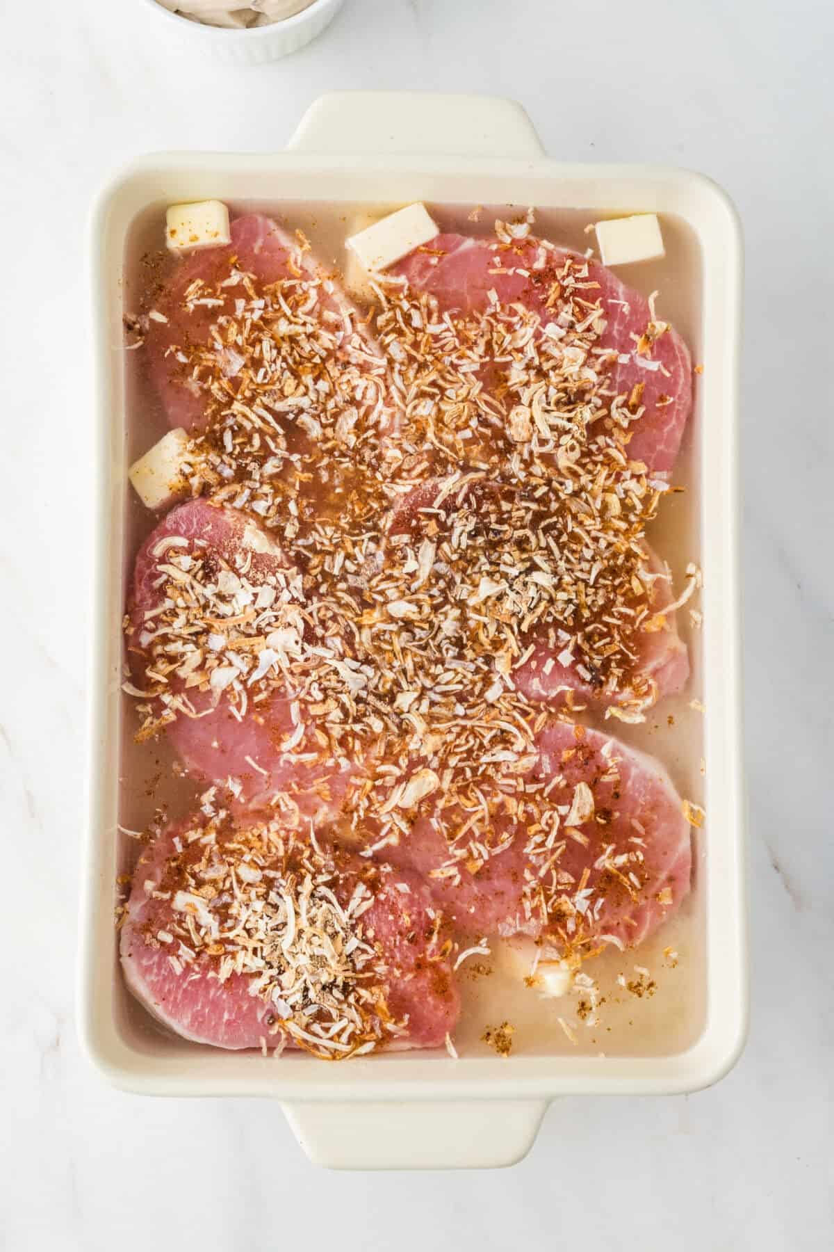onion soup mix sprinkled over the pork chops