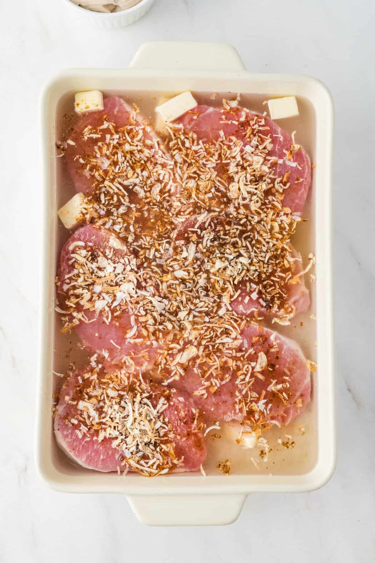 onion soup mix sprinkled over the pork chops