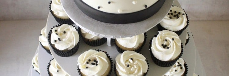 Black White Wedding Cake And Cupcake Tower