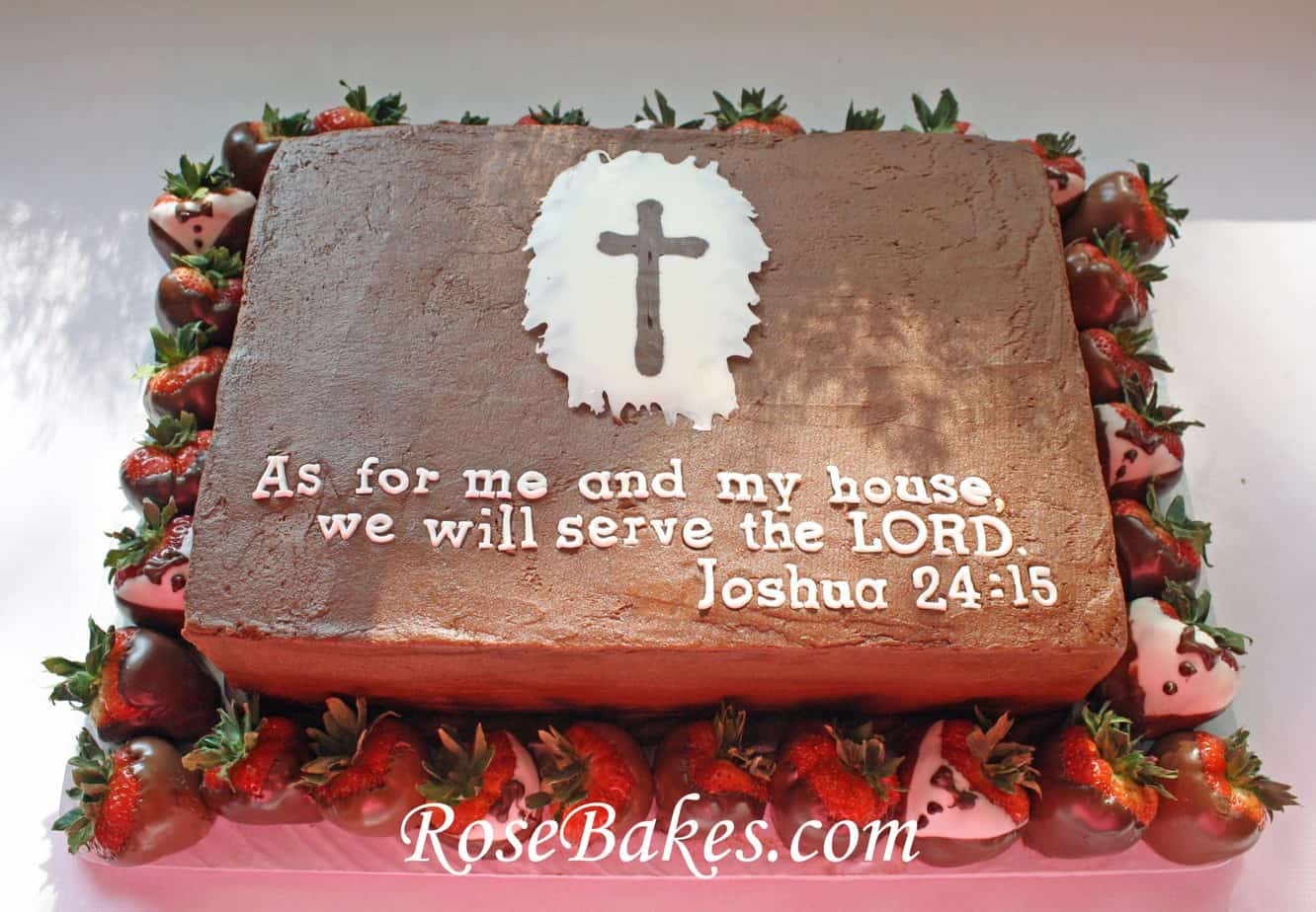 1 of the 10 simple grooms cake ideas Chocolate grooms cake with chocolate covered strawberries surrounding it 