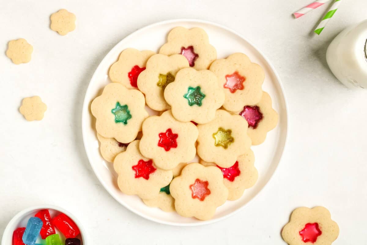 baked sugar cookies with candy center on a plate