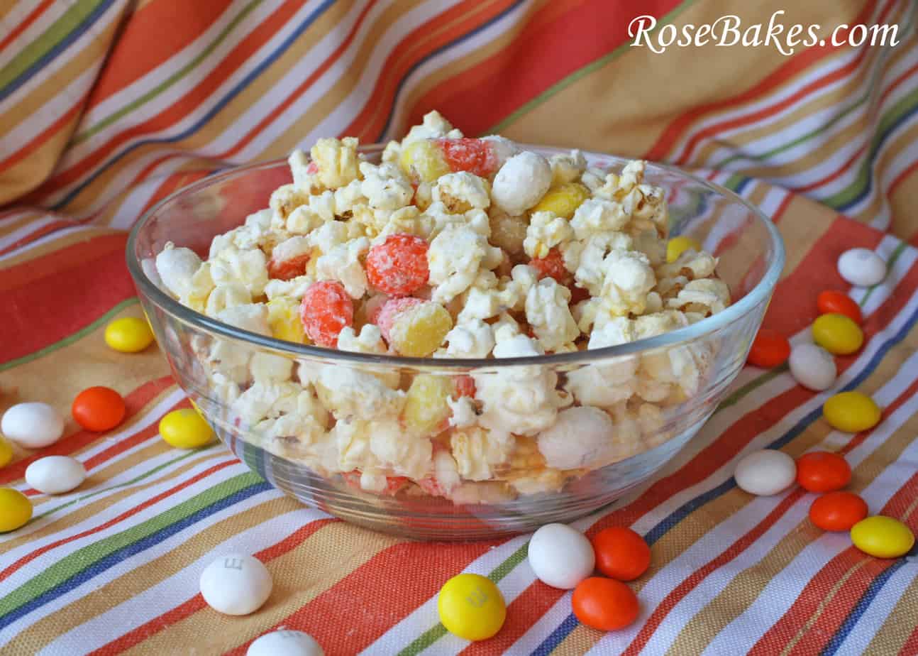 white chocolate candy corn mix in big clear bowl