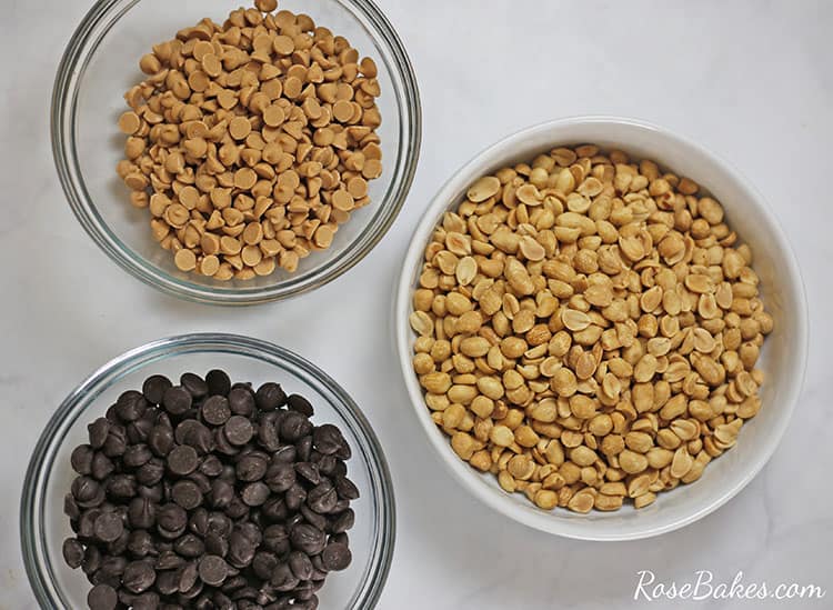 chocolate peanut clusters ingredients - salted peanuts, chocolate chips, peanut butter chips