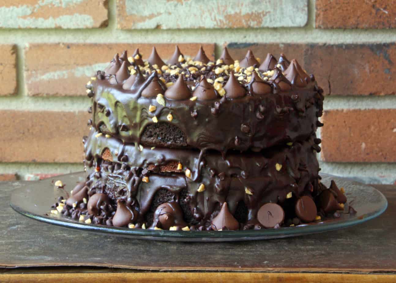 Dark Chocolate Fudge Brownie Cake with Heath Bars, Ganache and Kisses