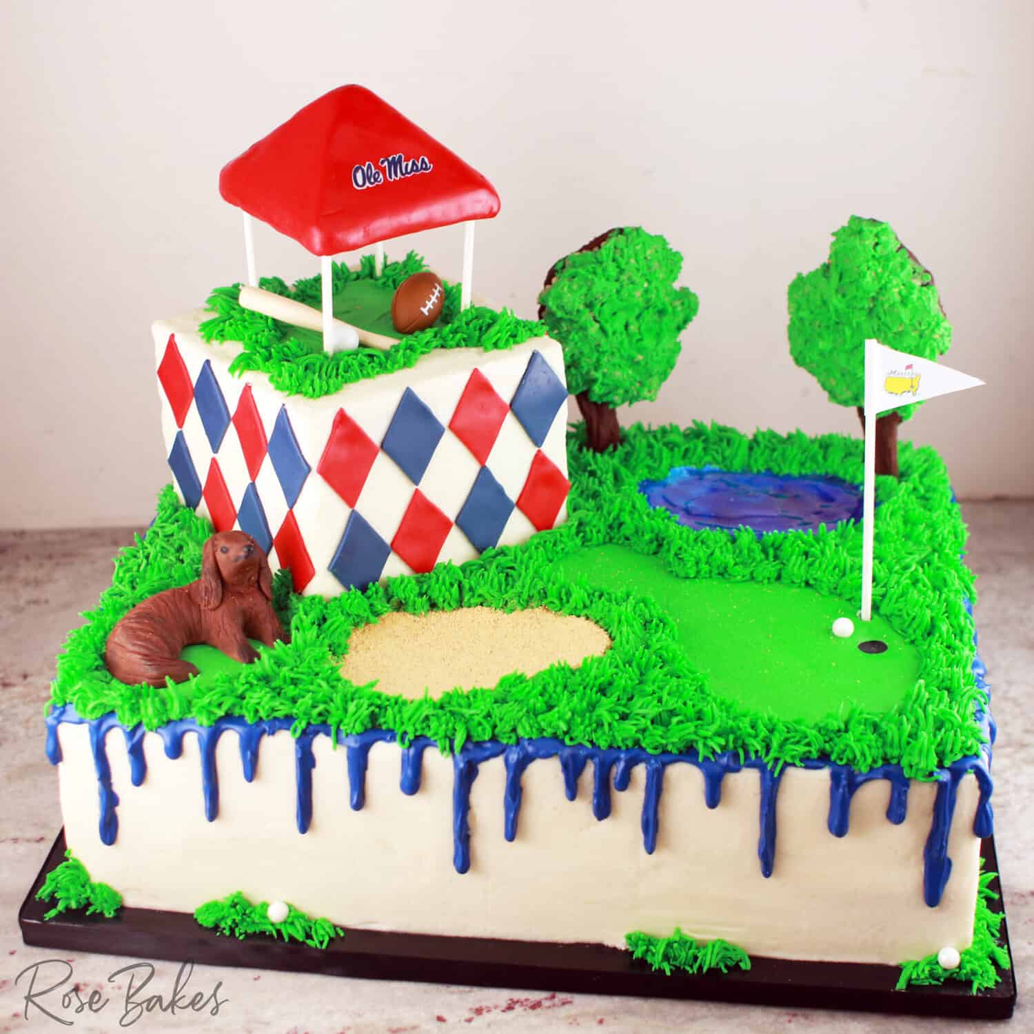 golf course groom's cake with Ole Miss tailgating, baseball, a dog, and a golf course