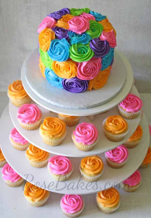 Pink and Orange Bright Roses Cake and Cupcake Tower