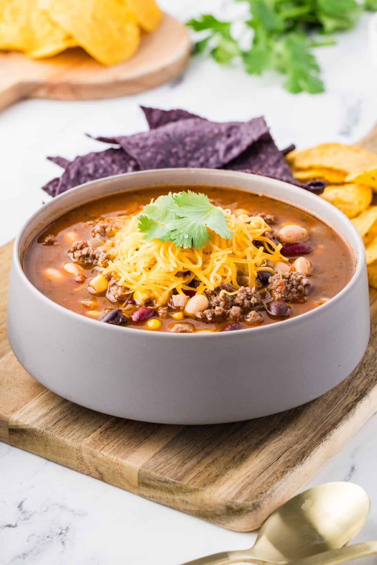 taco soup with cheese and cilantro