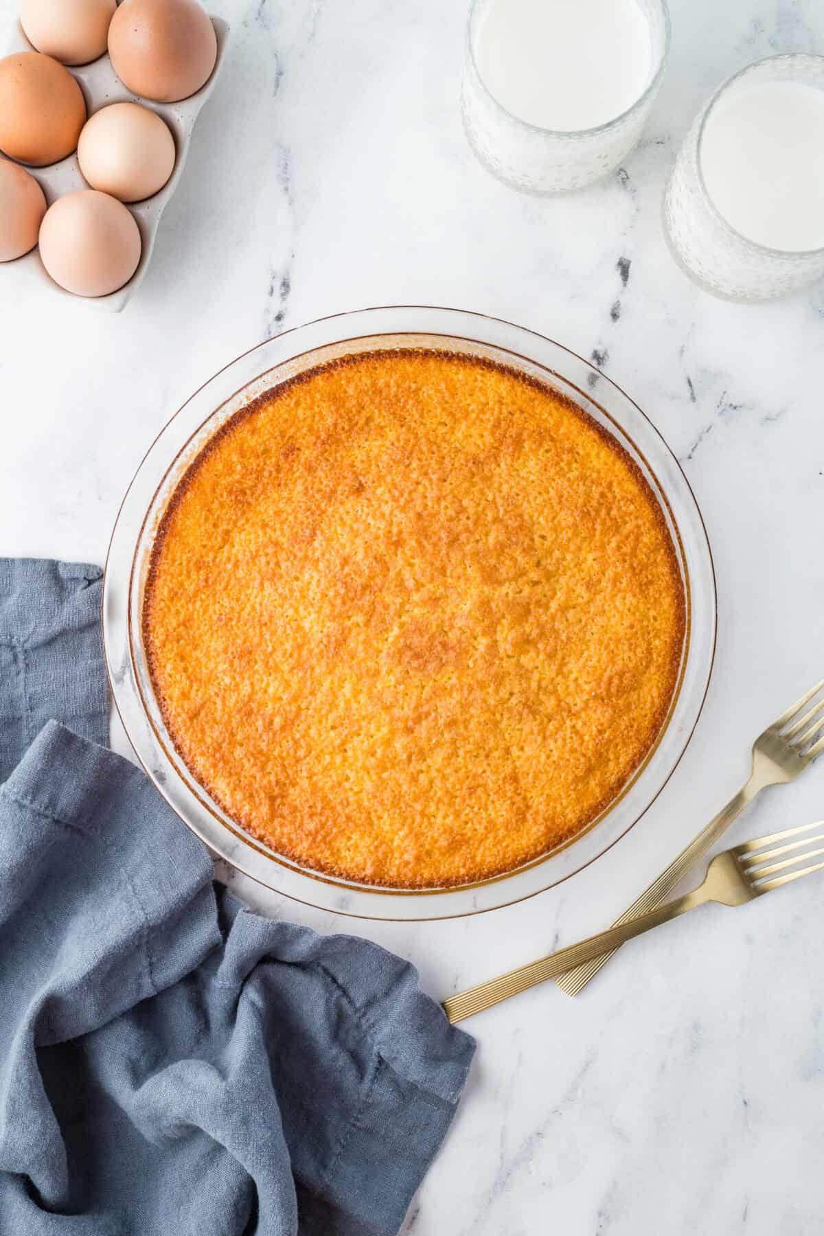 baked whole buttermilk pie in a pie dish