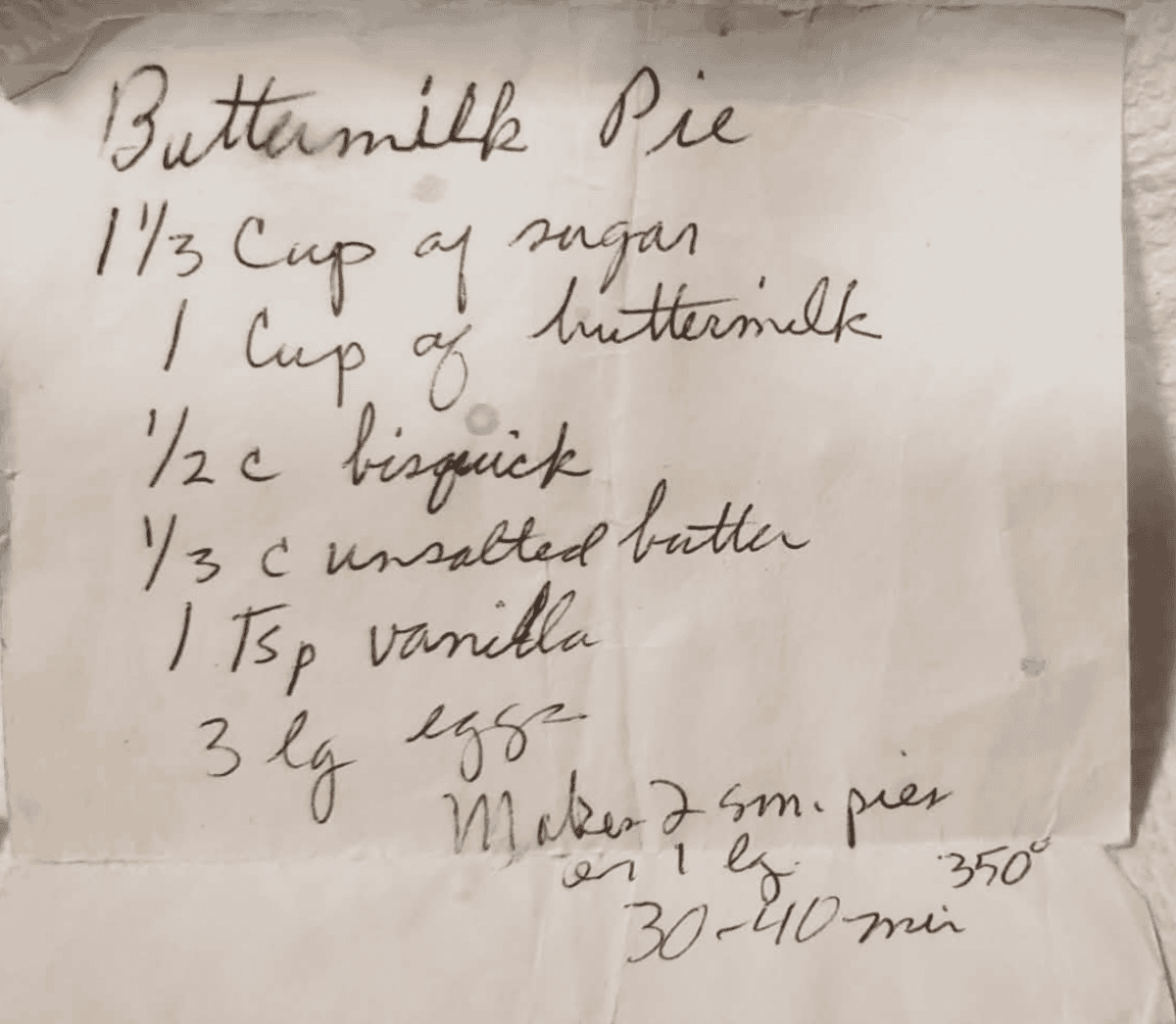 buttermilk pie recipe written on paper