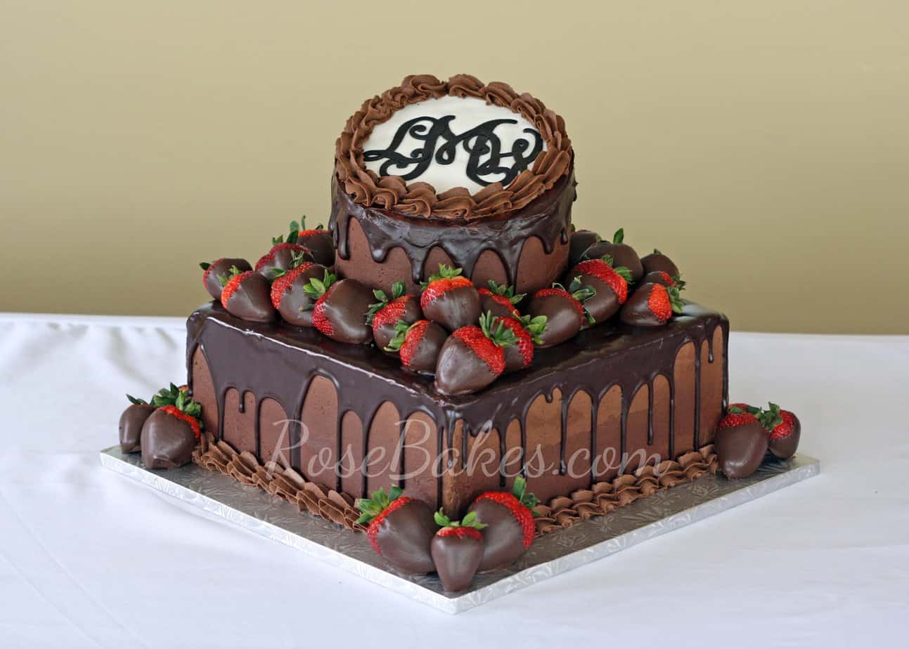 Chocolate Groom's Cake with Monogram, Ganache, Strawberries