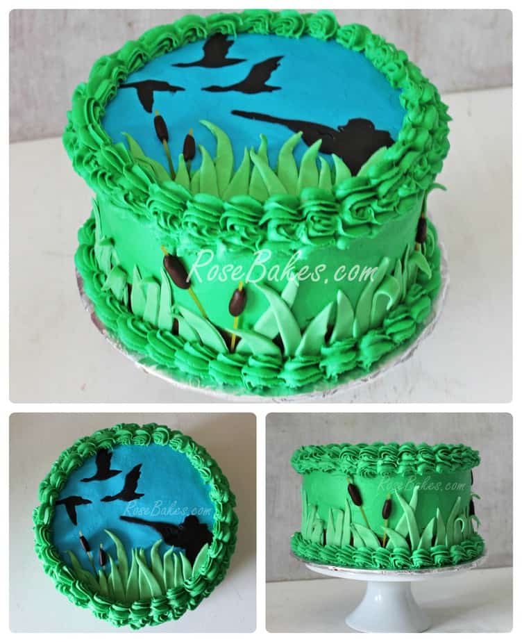 Colorful pond-themed cake with vibrant green grass and black bird silhouettes, perfect for outdoor celebrations or nature lovers. Expertly decorated from Rose Bakes for a stunning visual impact.