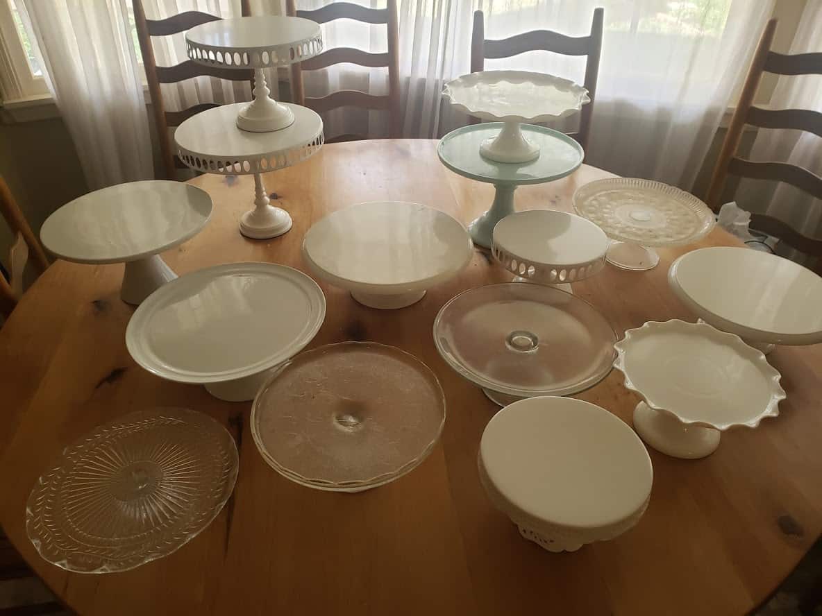 multiple cake stands on display