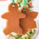 cinnamon ornaments hanging on green strings