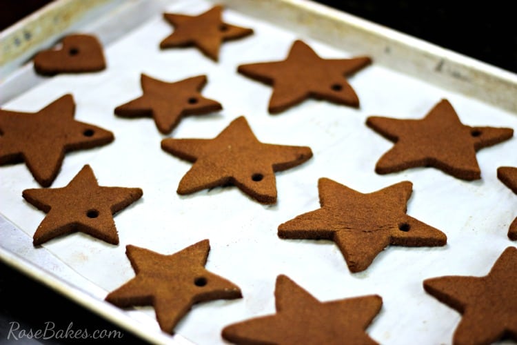 Easy Cinnamon Ornaments baked and laying on a cookie sheet