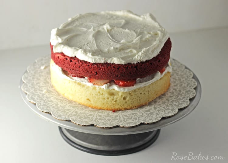 Red Velvet Strawberry Shortcake Cake with Cream Cheese Buttercream | RoseBakes.com