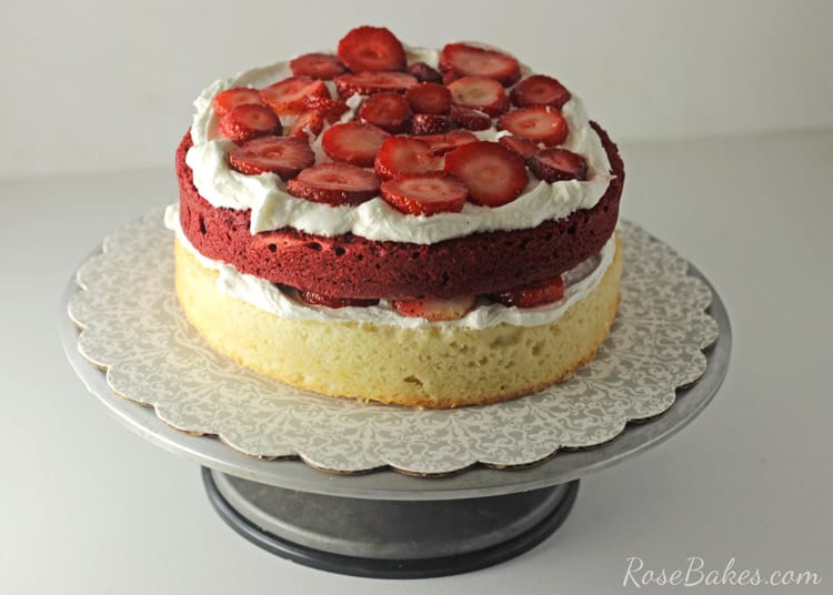 Red Velvet Strawberry Shortcake Cake with Cream Cheese Buttercream | RoseBakes.com
