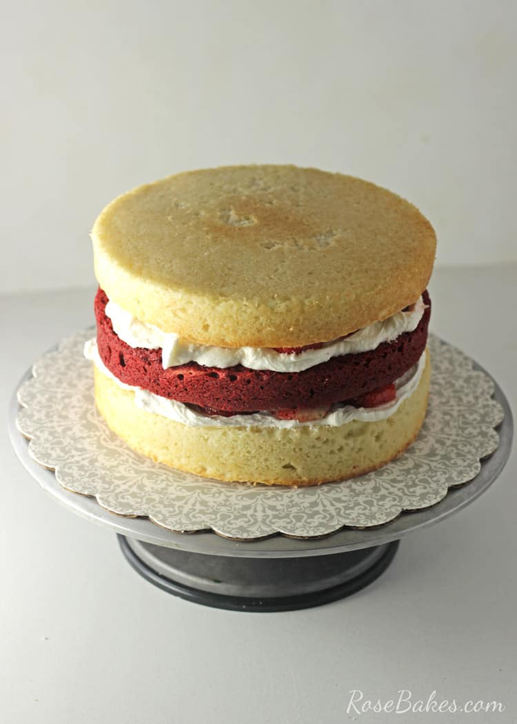 Red Velvet Strawberry Shortcake Cake with Cream Cheese Buttercream | RoseBakes.com