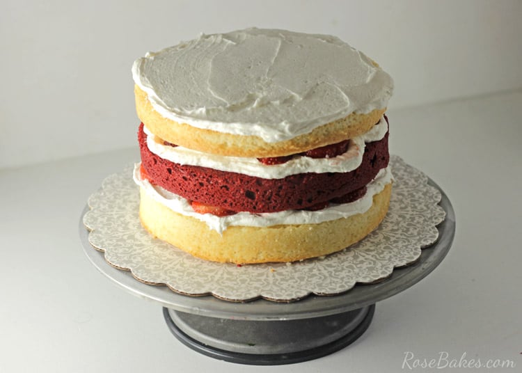 Red Velvet Strawberry Shortcake Cake with Cream Cheese Buttercream | RoseBakes.com