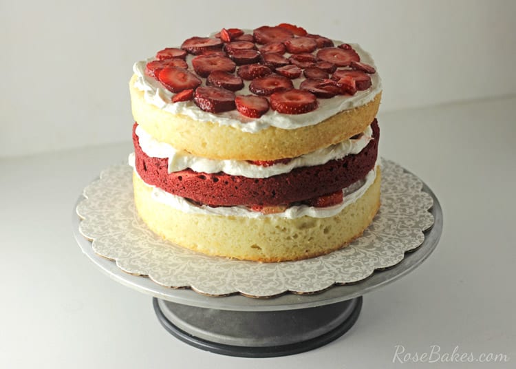 Red Velvet Strawberry Shortcake Cake with Cream Cheese Buttercream | RoseBakes.com