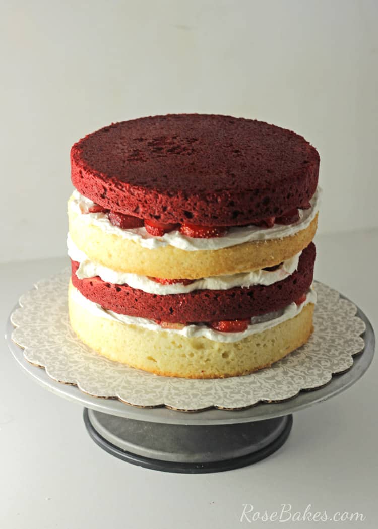 Red Velvet Strawberry Shortcake Cake with Cream Cheese Buttercream | RoseBakes.com