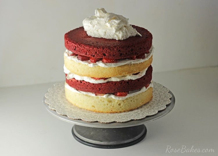 Red Velvet Strawberry Shortcake Cake with Cream Cheese Buttercream | RoseBakes.com