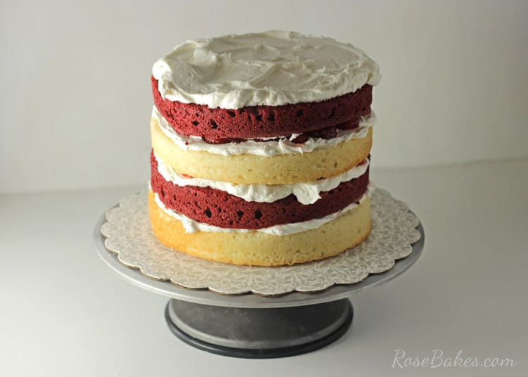 Red Velvet Strawberry Shortcake Cake with Cream Cheese Buttercream | RoseBakes.com