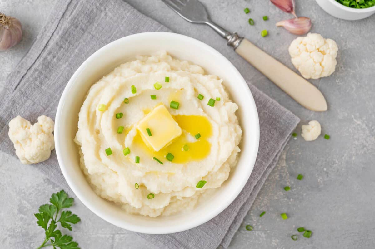 cauliflower mash in white bowl