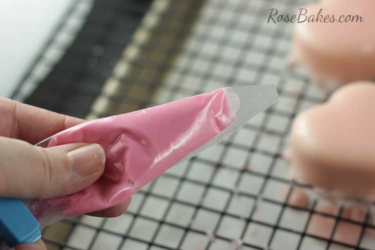 Melted Candy Melts in Disposable Icing Bag for Valentine's Petit Fours