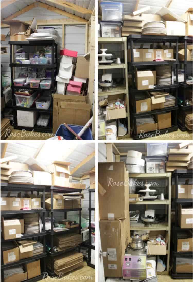4 picture collage of shelves in a shed full of cake stuff