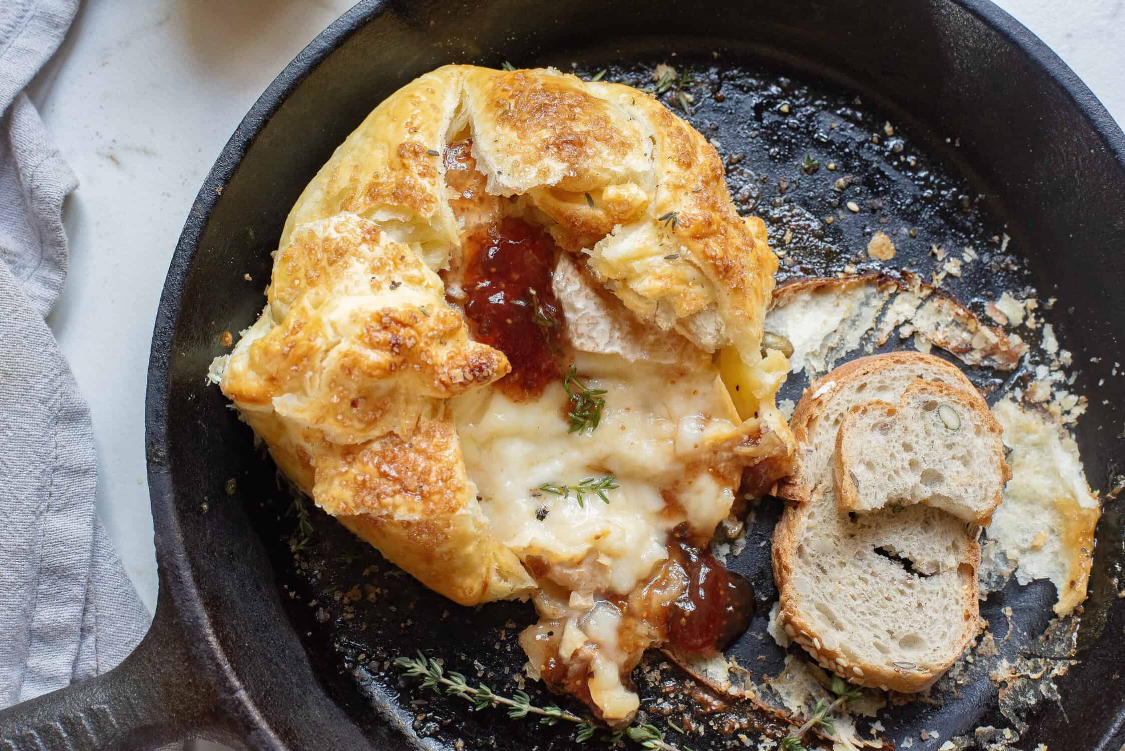Baked Brie in Puff Pastry in a skillet