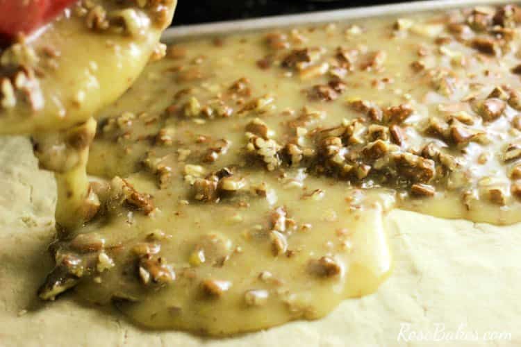 Pecan Pie Filling Poured on Crust Rose Bakes