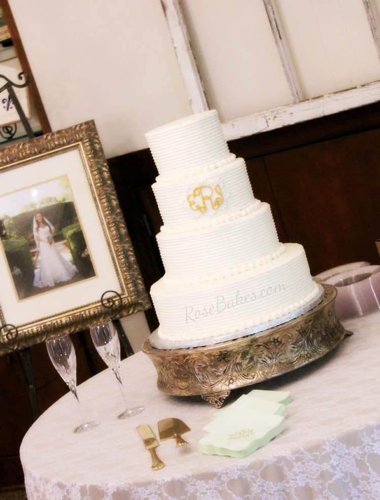 Combed Buttercream Wedding Cake with Gold Monogram