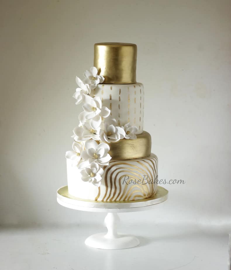 Gold & White Magnolia Anniversary Cake