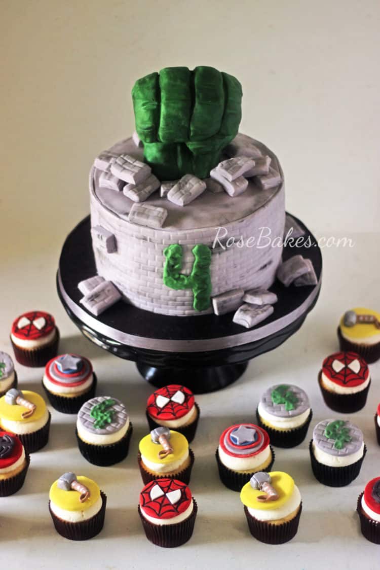 Hulk Cake and Avengers Cupcakes