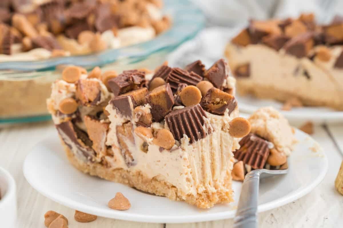 slice of chocolate peanut butter pie with bite out
