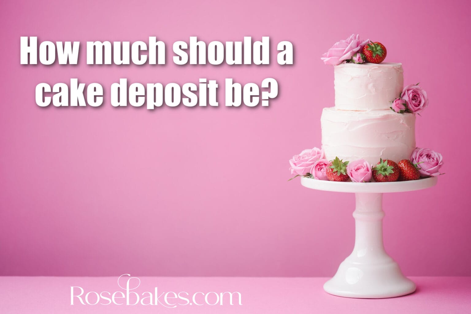 how much should a cake deposit be text on pink background with white cake