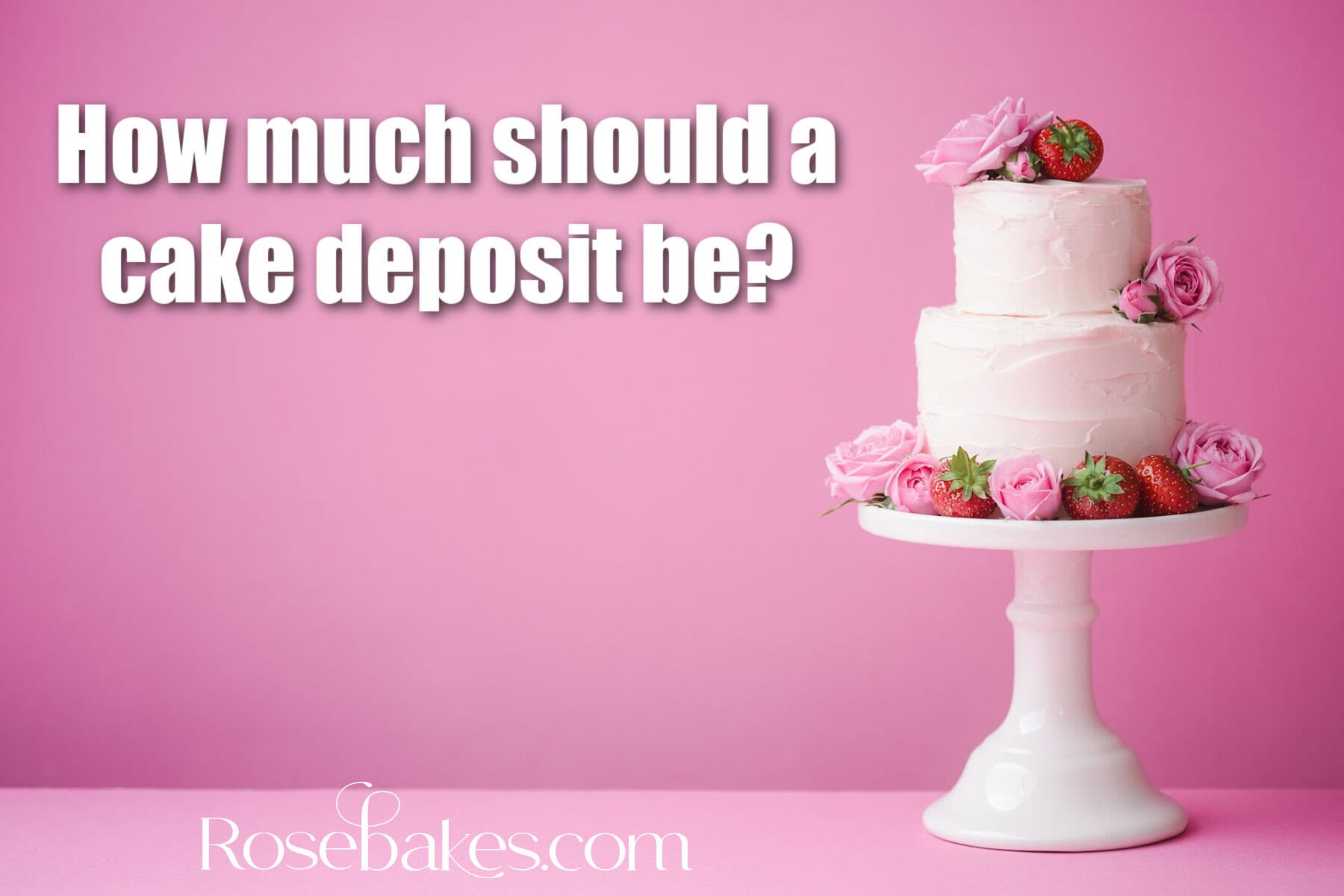 how much should a cake deposit be text on pink background with white cake