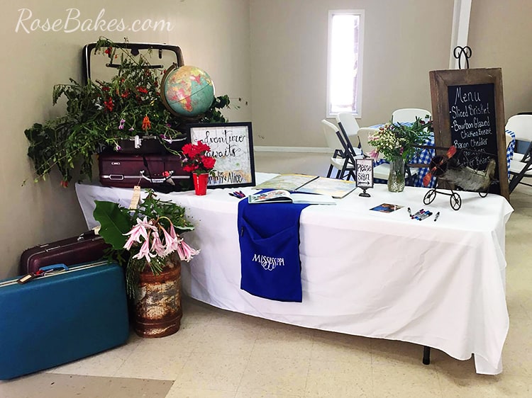 A visitor table with various travel items